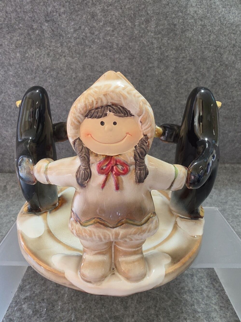 YANKEE CANDLE Eskimo Kids and Penguins Large Candle Holder EUC